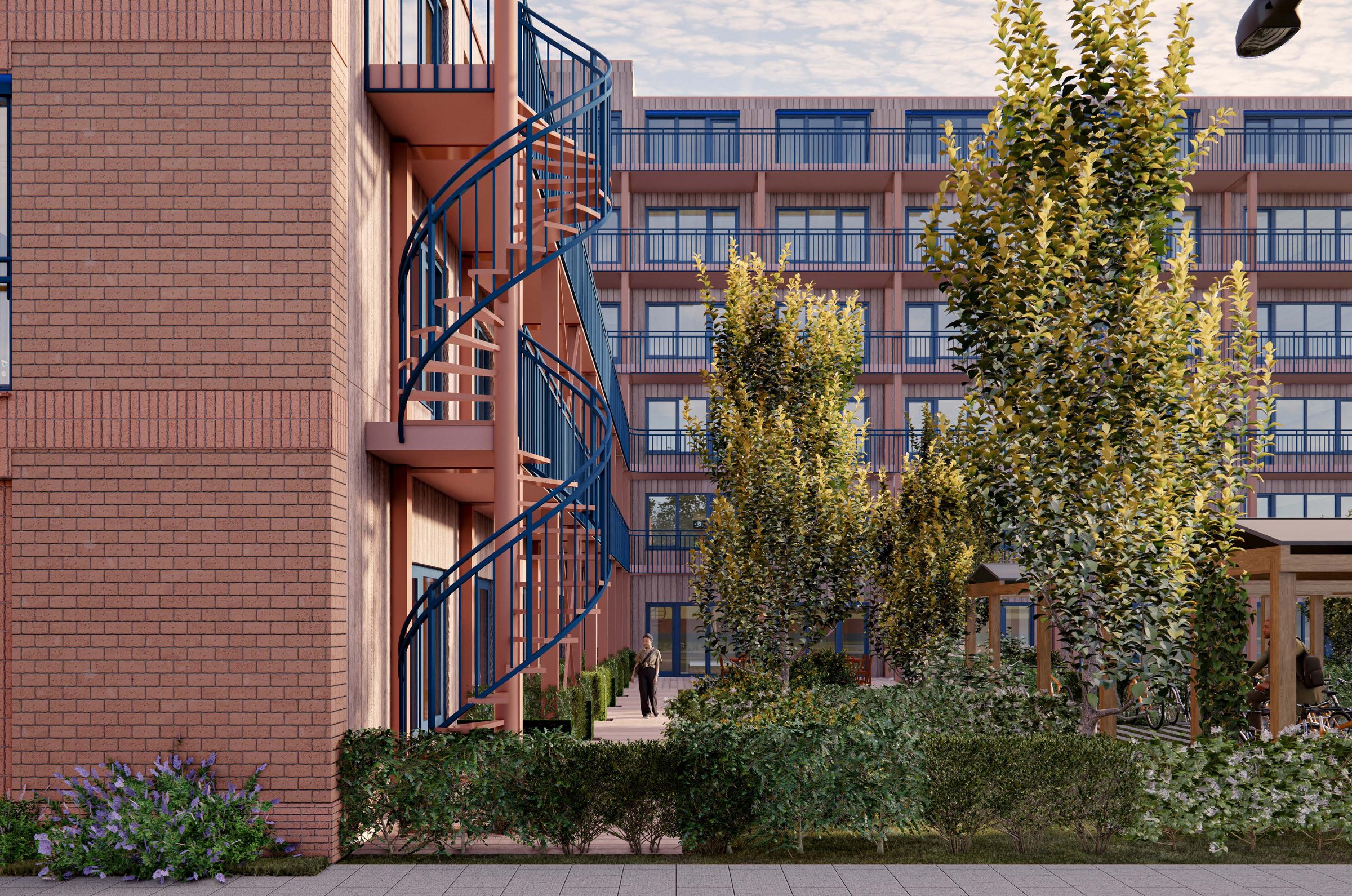 Impressie binnentuin met trap naar de galerijen — definitief voorlopig ontwerp